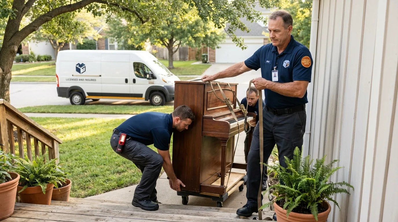 Licensed piano movers securing grand piano in Jackson, MI