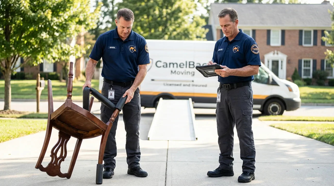 Movers inspecting furniture for damage prevention before loading in Jackson, MI