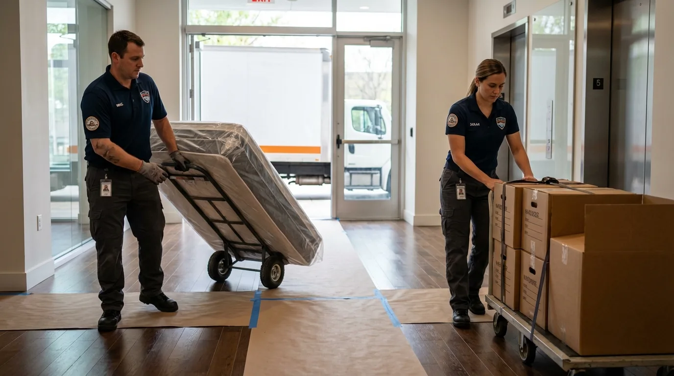 Professional apartment movers loading elevator in Jackson, MI