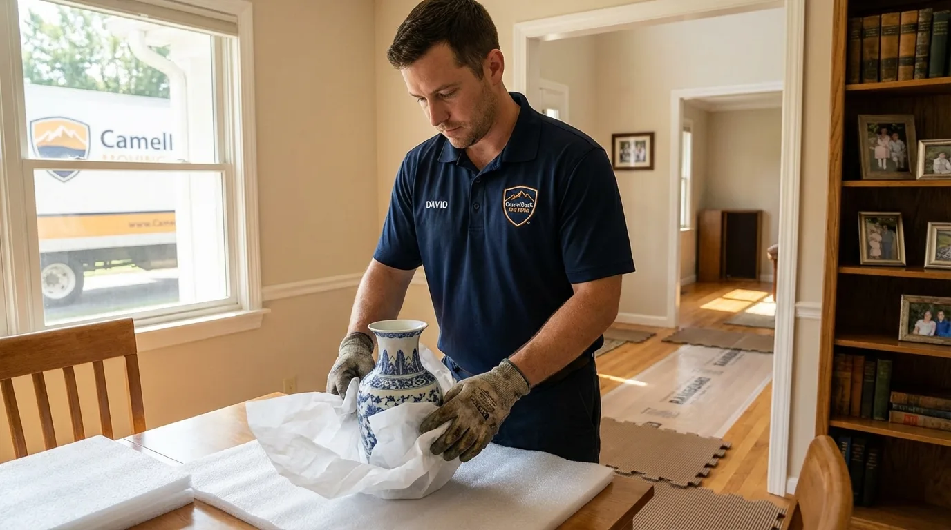 Professional crew carefully wrapping antique vase for senior downsizing move in Jackson, MI